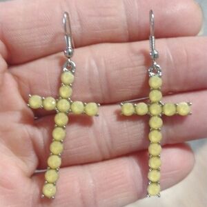 VINTAGE RHINESTONE YELLOW SILVER-TONE RELIGIOUS CROSS HOOK DROP 2.1" EARRINGS